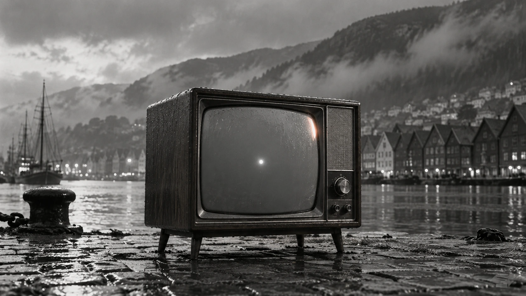 A black-and-white television on Bergen’s rainy waterfront