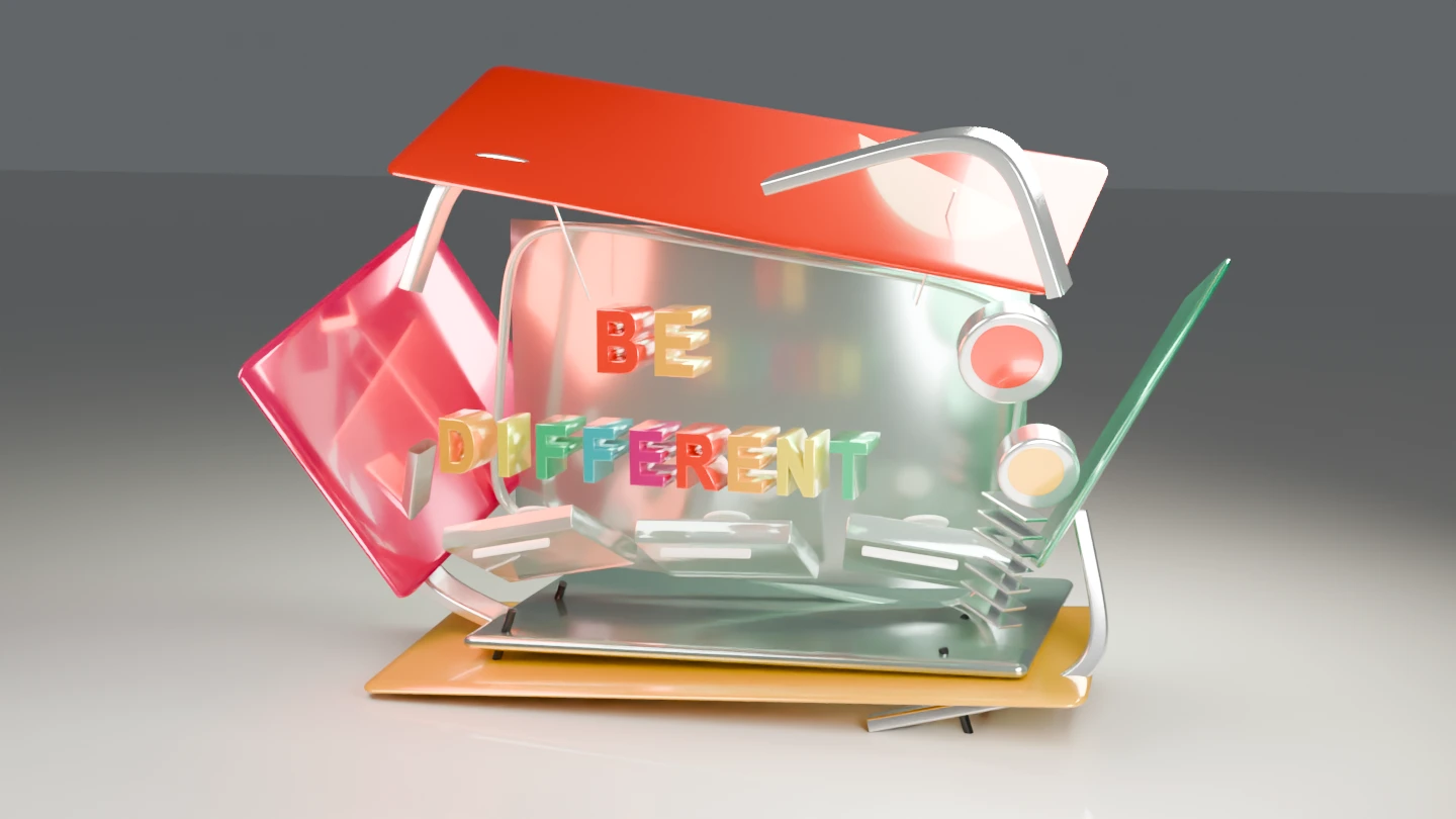 The same television unfolded into colored glass, separated frame sections and dimensional lettering